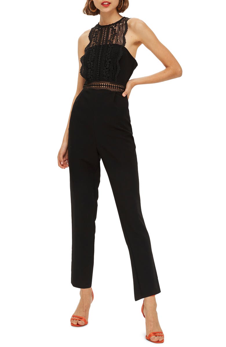 Topshop Saskia Lace Trim Jumpsuit, Main, color, 
