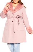 City Chic Blushing Belle Twill Coat with Faux Fur Collar