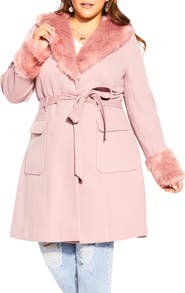 City Chic Blushing Belle Twill Coat with Faux Fur Collar