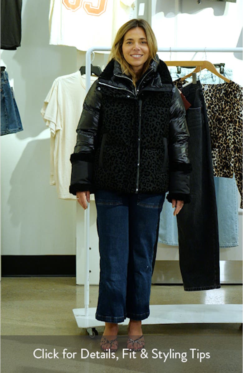 Lydana Leopard Pattern Down Jacket with Genuine Shearling Trim and Removable Bib, sales video thumbnail