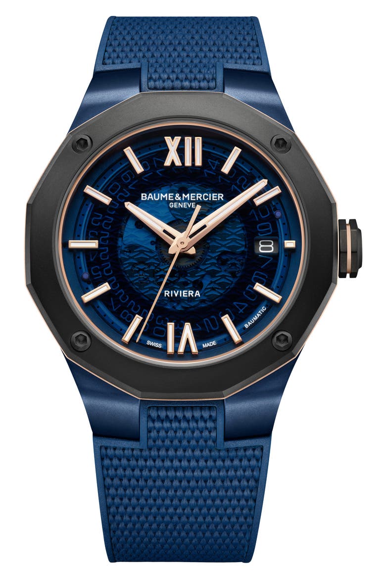 Riviera 10769 Rubber Strap Watch, 42mm, Main, color, SMOKED BLUE SAPPHIRE