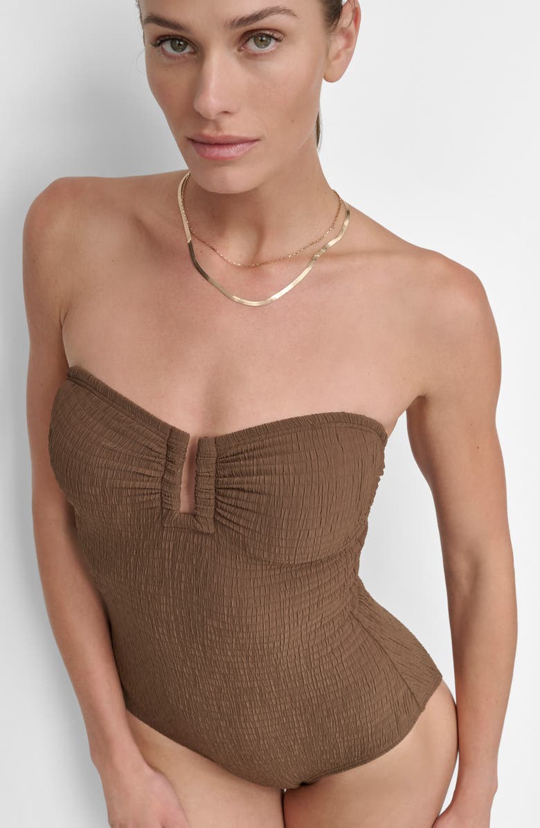 DKNY Bandeau Shirred One-Piece Swimsuit, Alternate, color, Mocha Texture