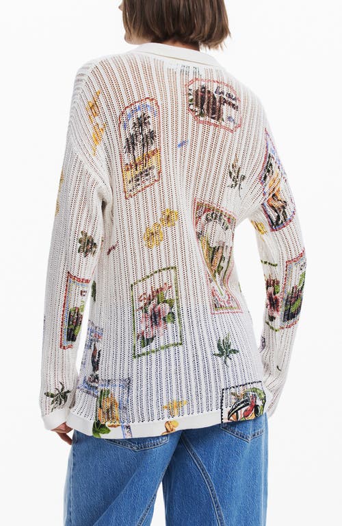 Desigual Garden Print Open Stitch Cardigan In Light Beige