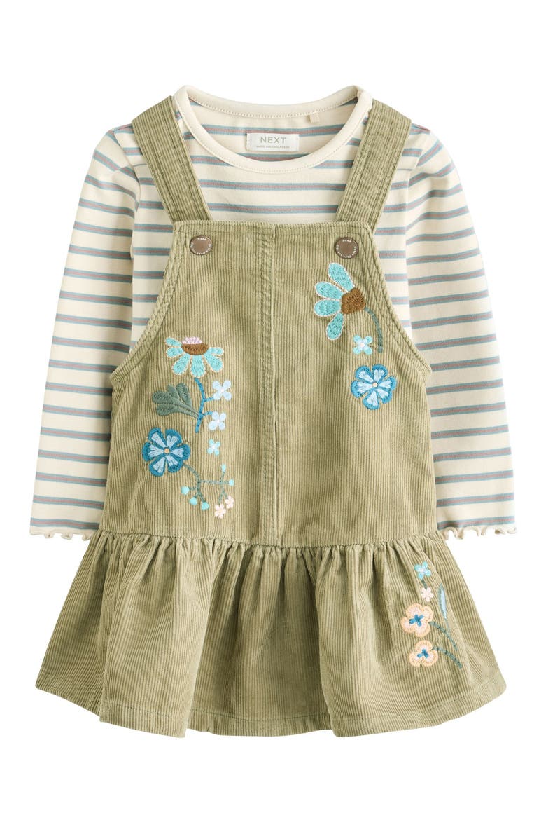 Kids' Embroidered Corduroy Dress & Stripe T-Shirt Set, Main, color, GREEN