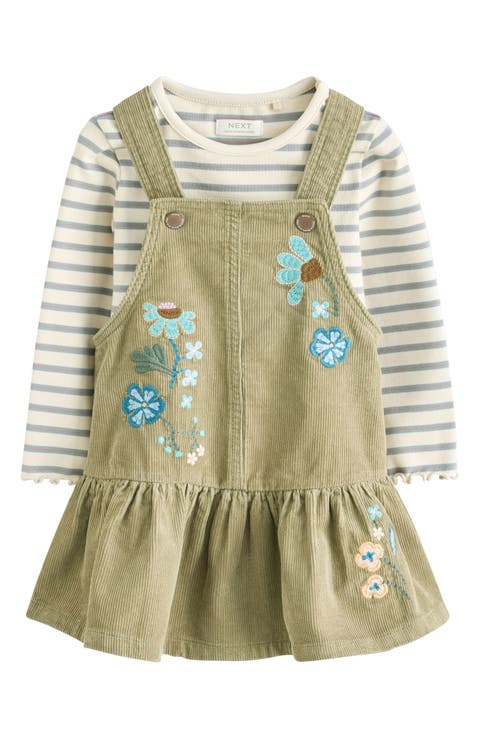 Kids' Embroidered Corduroy Dress & Stripe T-Shirt Set