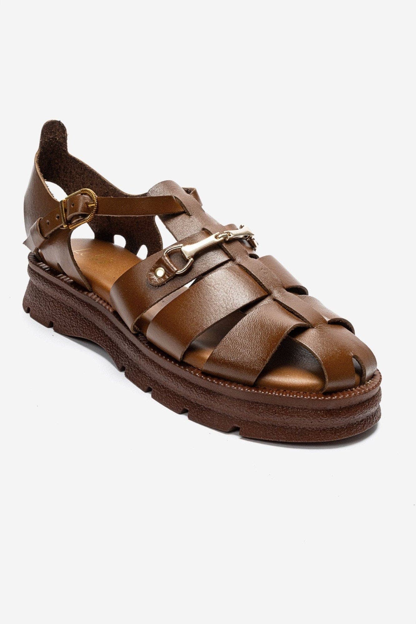 Riela Leather Buckle Sandal, Alternate, color, Cognac