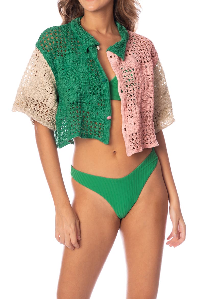 Sicilia Colorblock Crop Cover-Up Button-Up Shirt, Main, color, GREEN