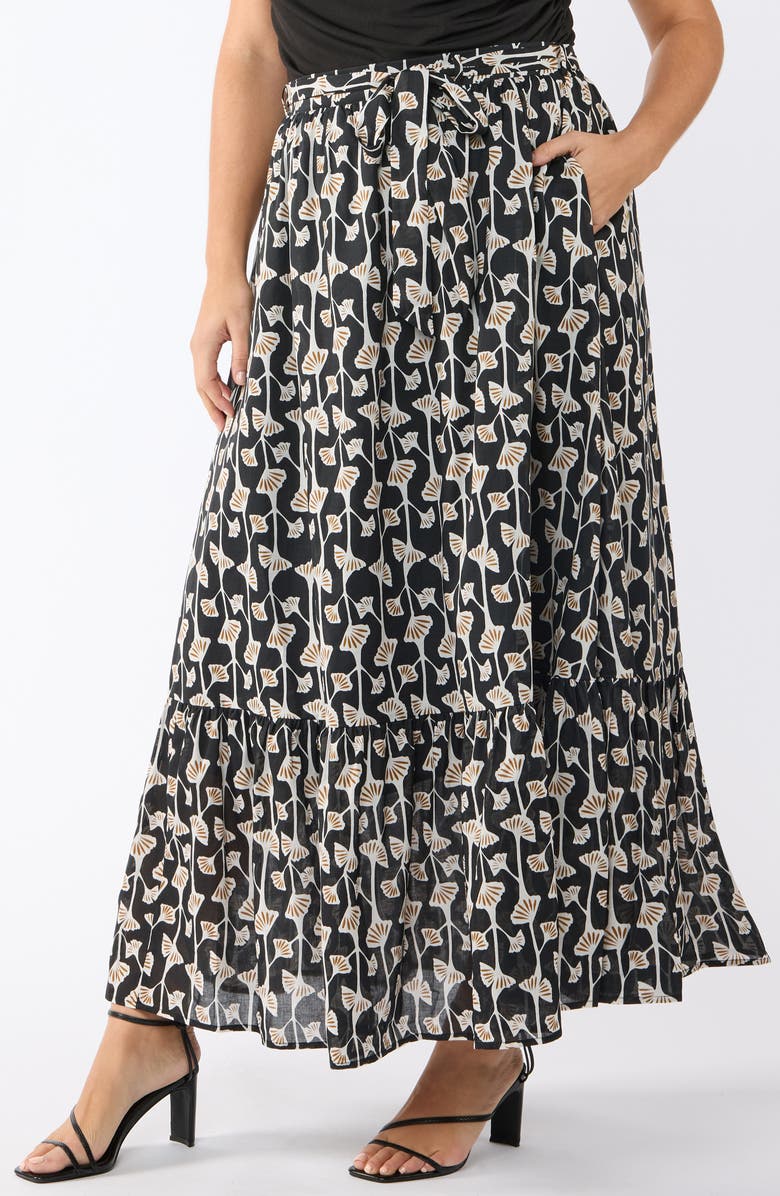 Estelle Sea Lily Belted Tiered Cotton Maxi Skirt, Alternate, color, Black Print