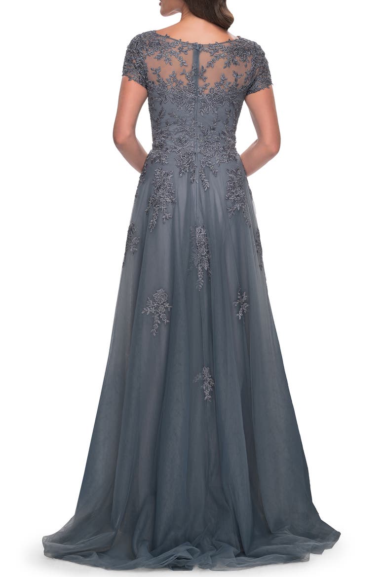 A-Line Tulle Gown with Lace Applique and Short Sleeves, Alternate, color, Slate Blue