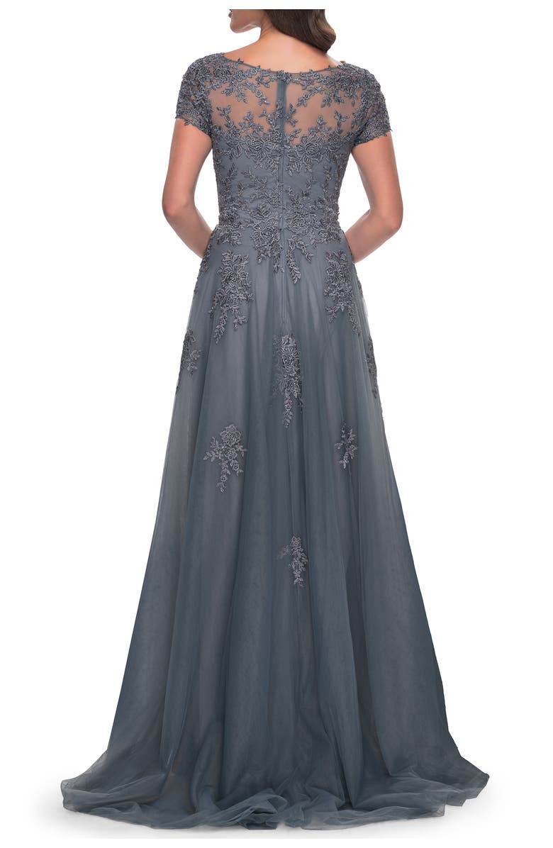 La Femme A-Line Tulle Gown with Lace Applique and Short Sleeves, Alternate, color, Slate Blue