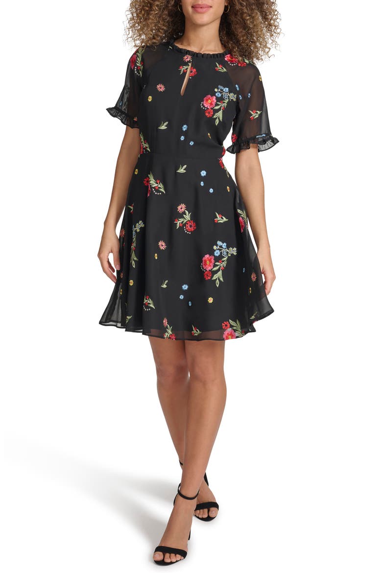 Embroidered Chiffon Dress, Main, color, BLACK MULTI
