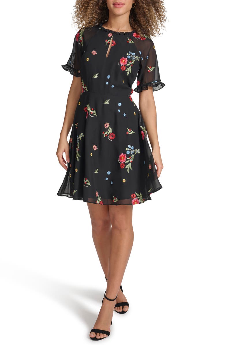 Kensie Embroidered Chiffon Dress, Main, color, Black Multi