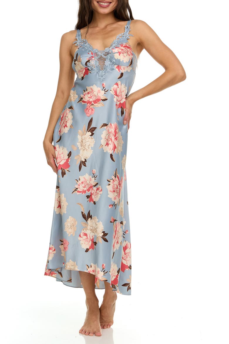 Stella Floral Empire Waist Satin Sleep Gown, Alternate, color, GREY