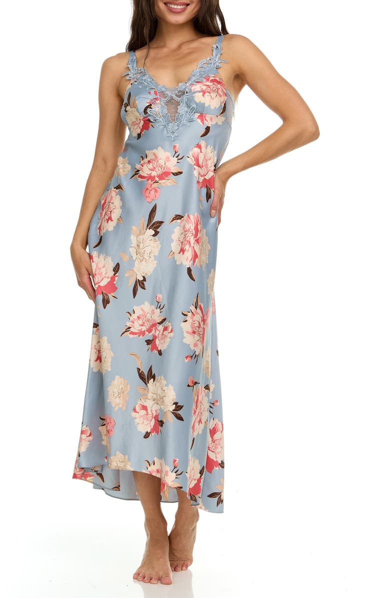 Flora By Flora Nikrooz Stella Floral Empire Waist Satin Sleep Gown, Alternate, color, Grey