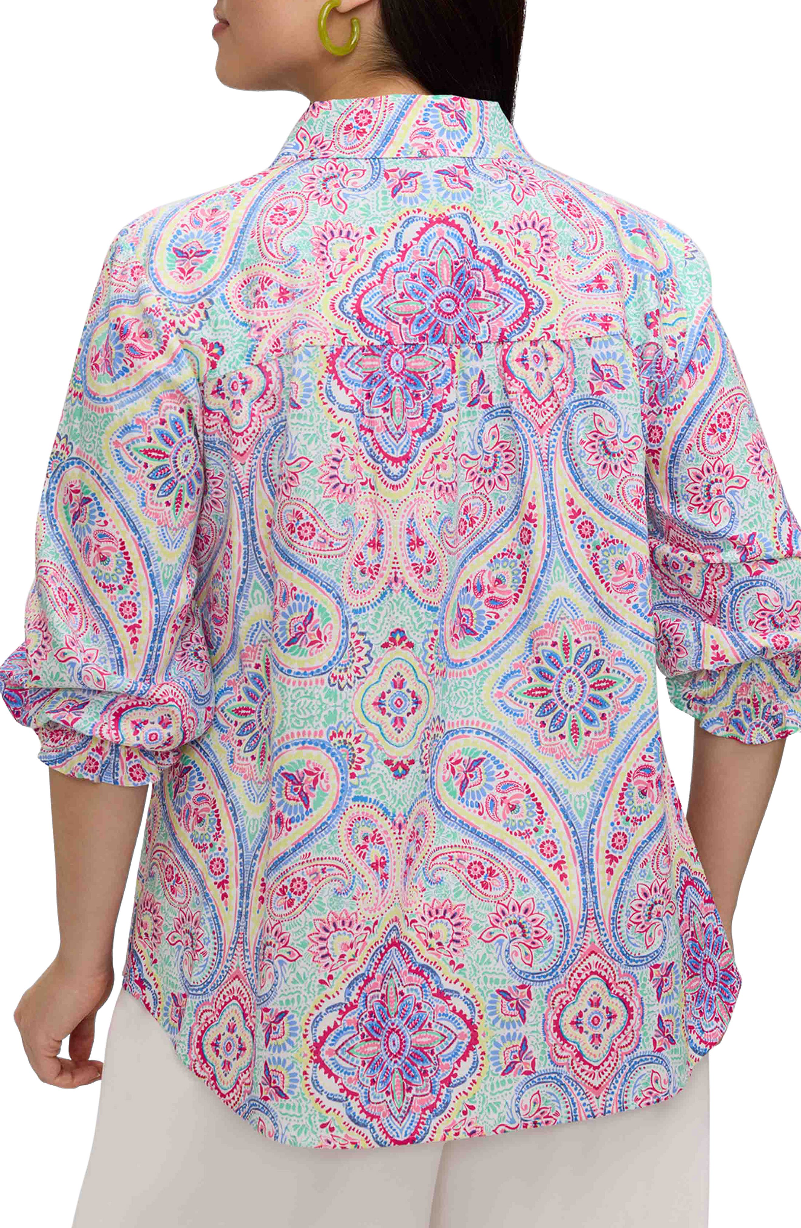 Olivia Paisley Smocked Cuff Linen Blend Button-Up Shirt - image 2
