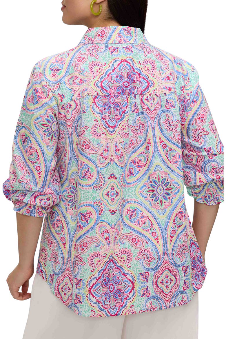 Olivia Paisley Smocked Cuff Linen Blend Button-Up Shirt, Alternate, color, GREEN/ MULTI