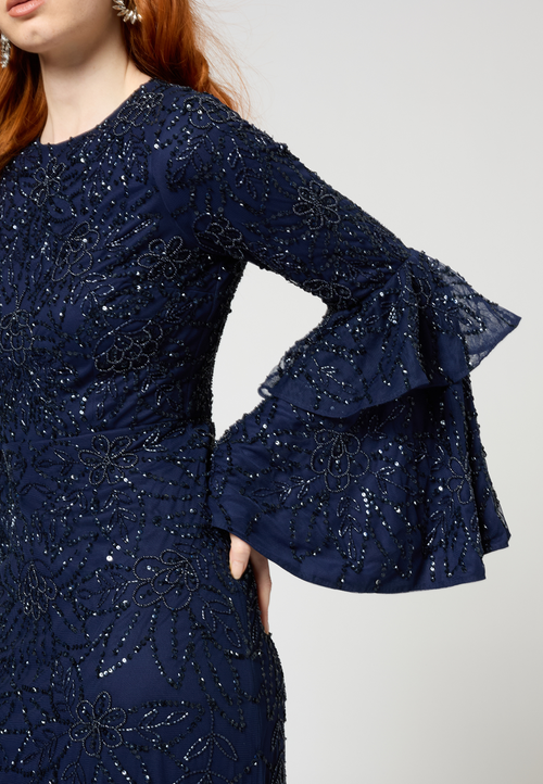 Maryisa Modest Embellished Sequin Beaded Maxi Dress With Frilled Sleeves