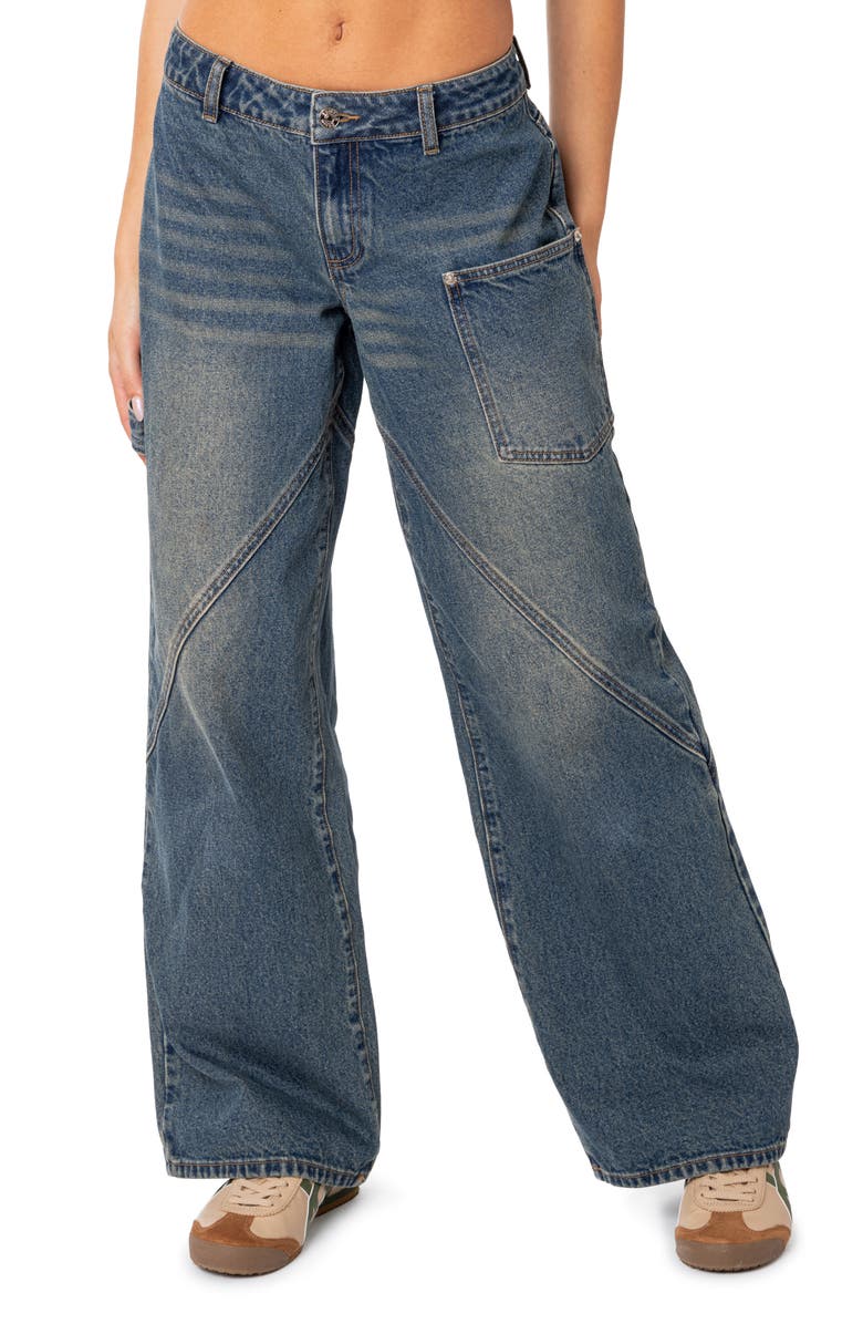 EDIKTED Serena Low Rise Wide Leg Carpenter Jeans, Main, color, Blue