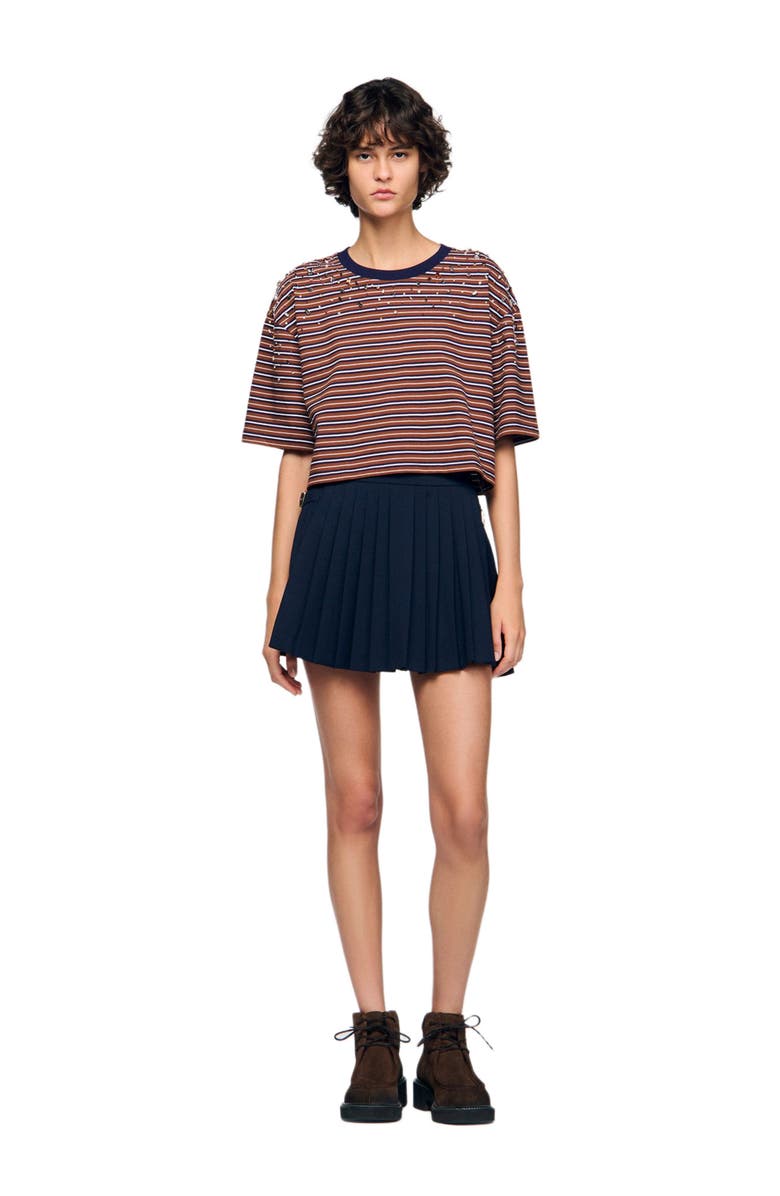 SANDRO Striped rhinestone T-shirt, Alternate, color, Brown / Deep Blu