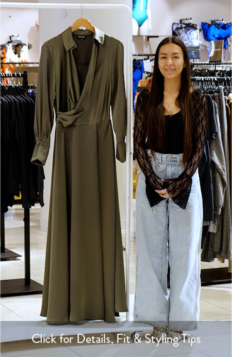 Spread Collar Long Sleeve Satin Gown, sales video thumbnail