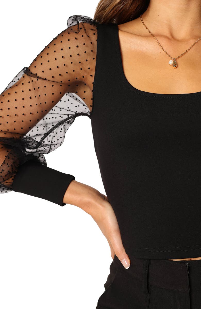 Petal & Pup Wesson Sheer Dot Sleeve Crop Top, Alternate, color, Black