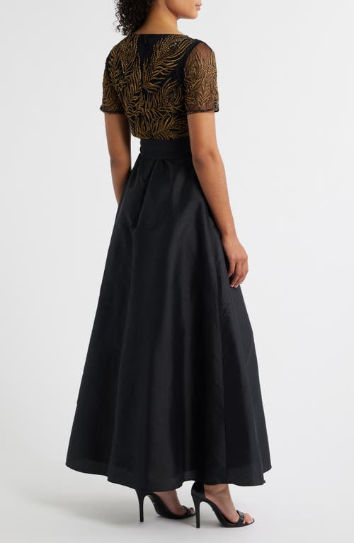 Pisarro Nights Beaded Embroidered Short Sleeve Taffeta A-line Gown In Black