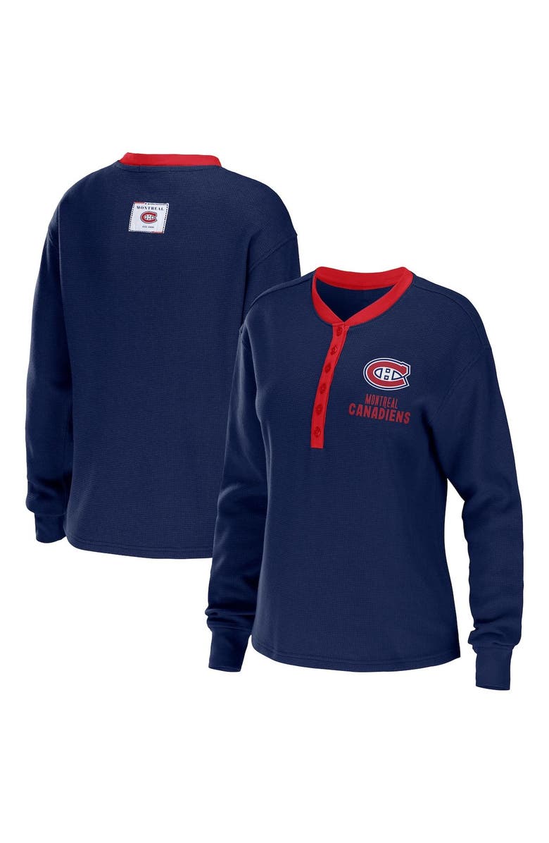 WEAR by Erin Andrews Women's WEAR by Erin Andrews Navy Montreal Canadiens Waffle Henley Long Sleeve T-Shirt, Main, color, 