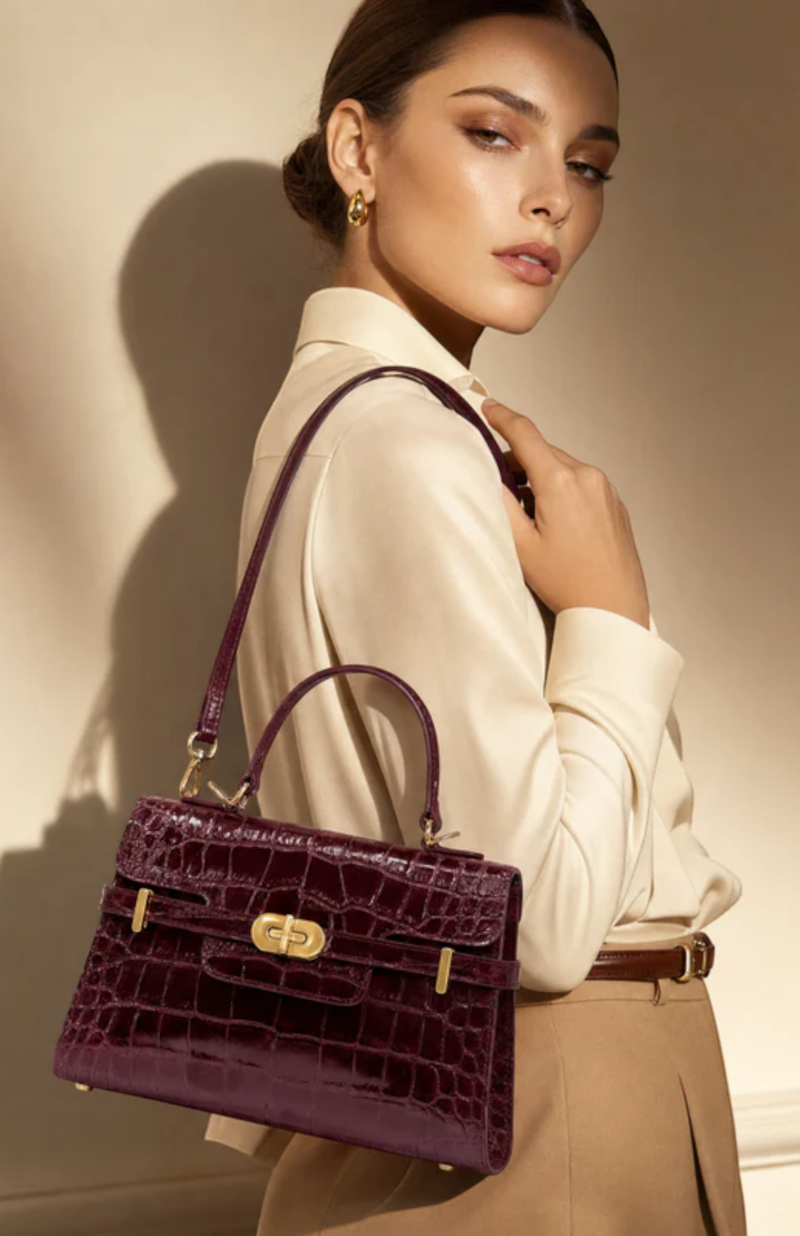 Kensington - Top Handle Black Croc Embossed, Alternate, color, Burgundy