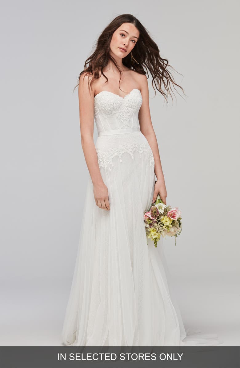 Willowby Lupine Strapless Chantilly Lace & Net Gown, Main, color, 