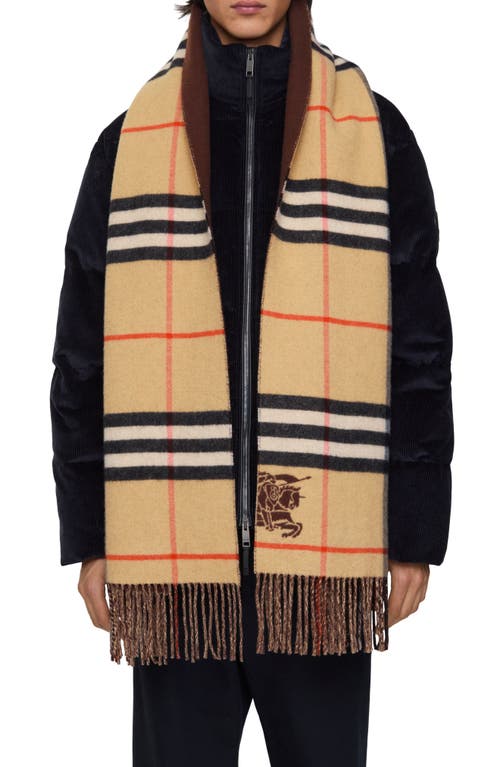 Burberry Wide Reversible Check Cashmere Scarf In Brown