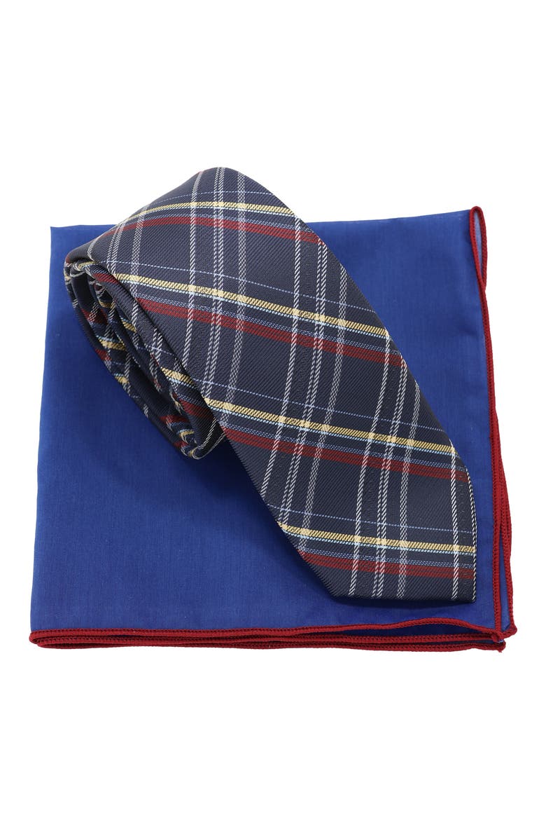 Diagonal Plaid Tie & Pocket Square Set, Main, color, NAVY BURGUNDY