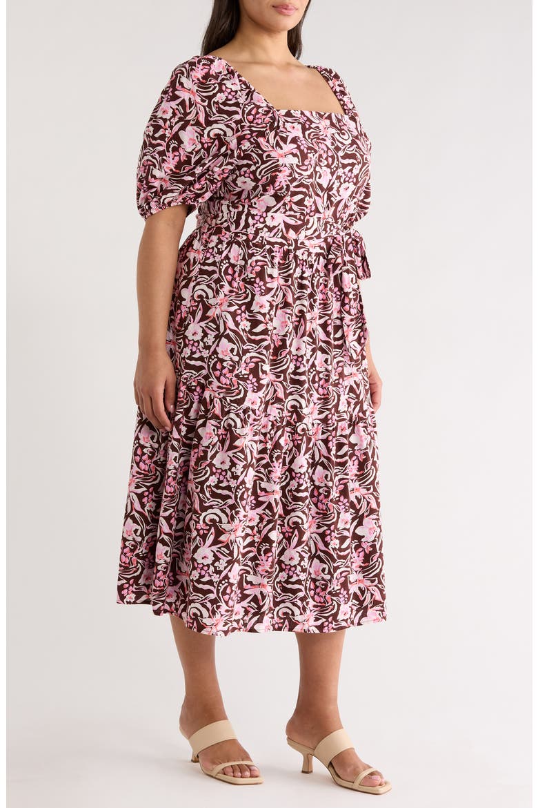 Puff Sleeve Linen Blend Midi Dress, Alternate, color, BROWN CHOCOLATE DAISY GARDEN