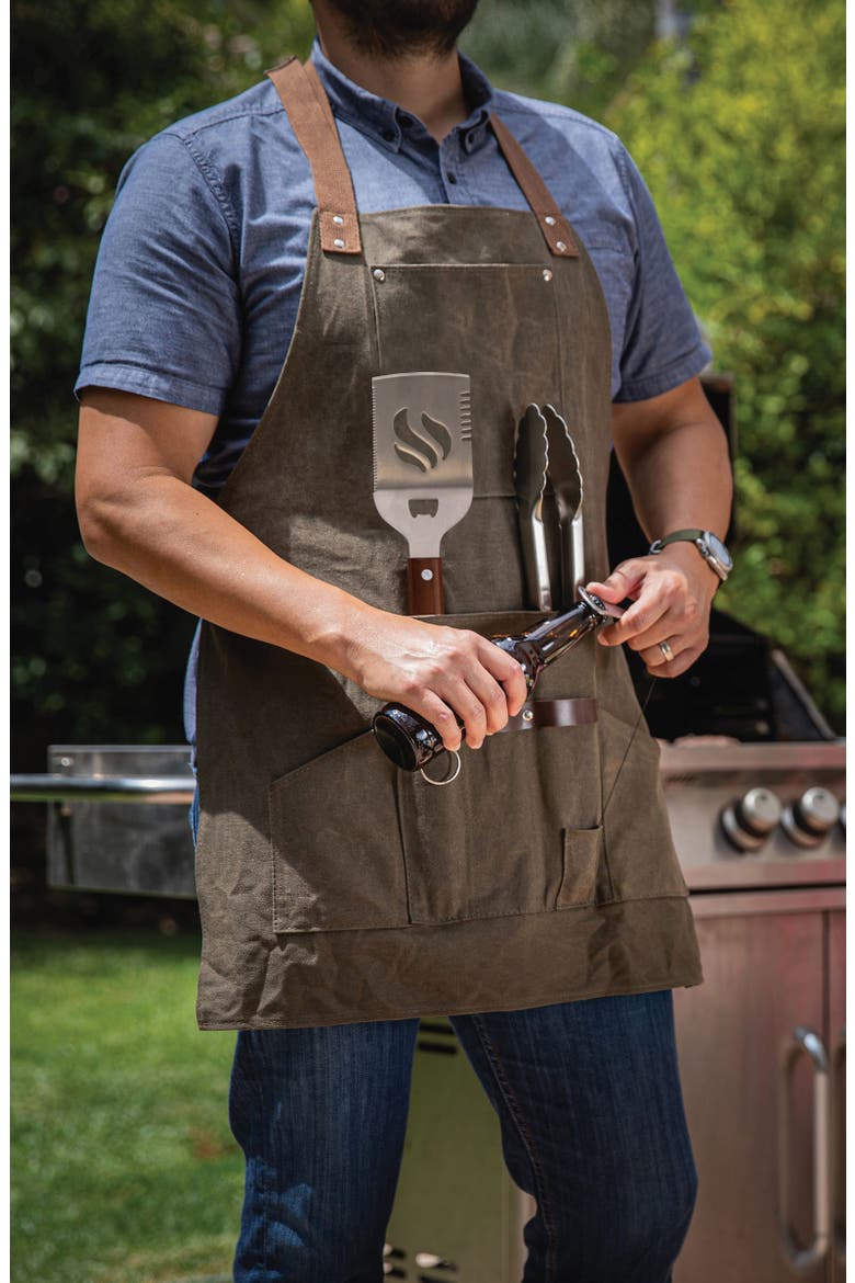 Barbecue Apron & Tools Set, Alternate, color, KHAKI WAXED CANVAS
