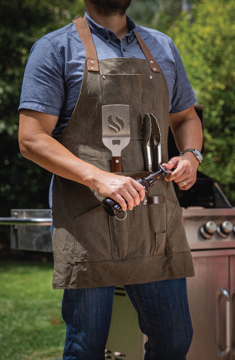 Picnic Time Barbecue Apron & Tools Set, Alternate, color, Khaki Waxed Canvas