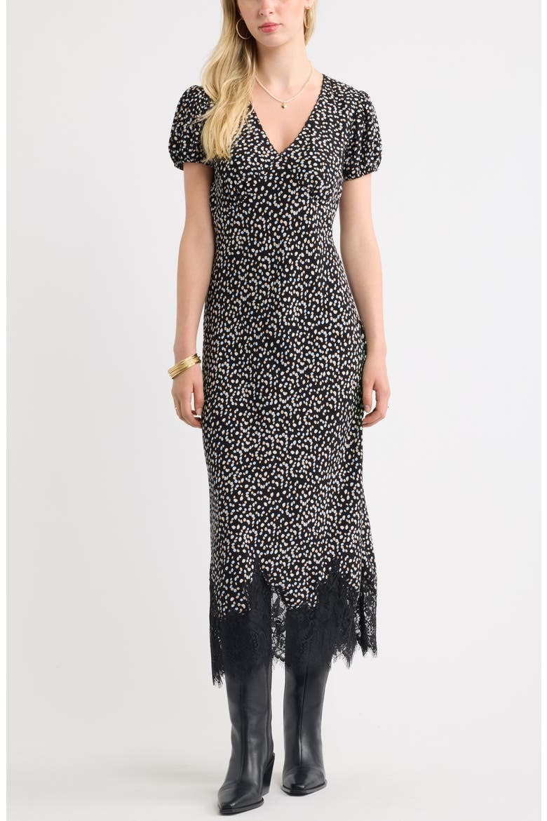 Lace Trim Bias Cut Midi Dress, Main, color, BLACK- BLUE MULTI DOT