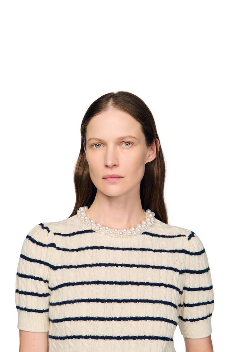 SANDRO Striped sweater with pearl collar, Alternate, color, Ecru
