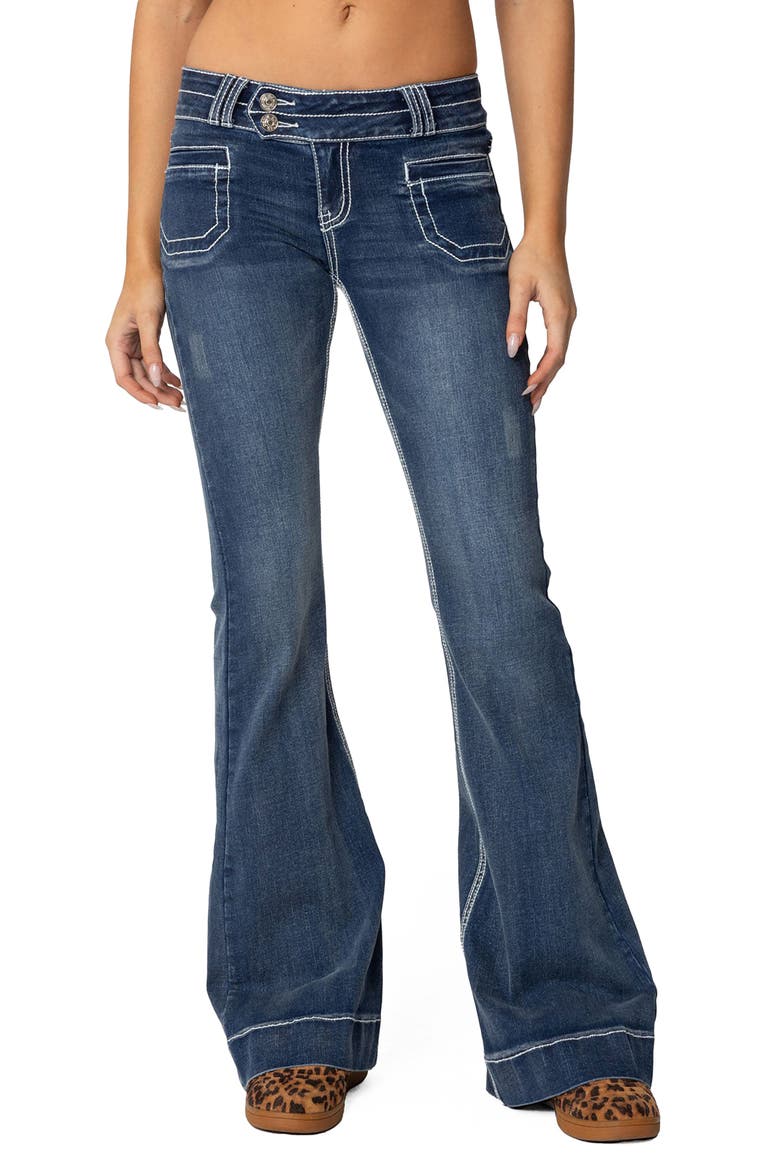 Contrast Topstitch Flare Jeans, Main, color, BLUE-WASHED