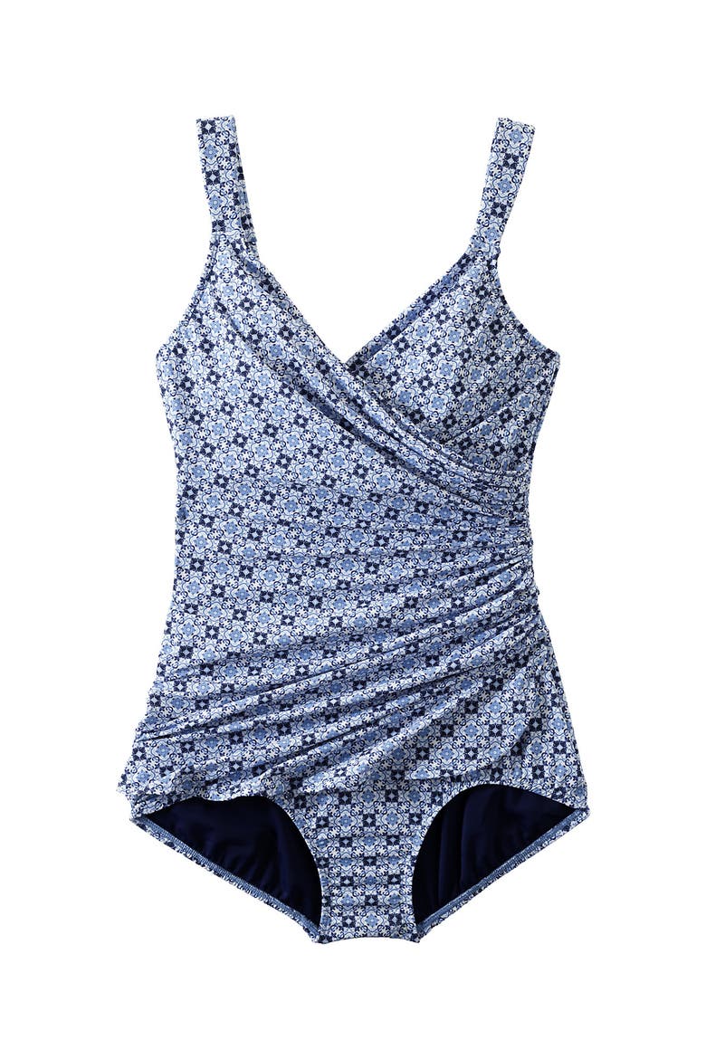 SlenderSuit V-neck Skirted Low Leg One Piece, Alternate, color, Lake Blue Geo Floral