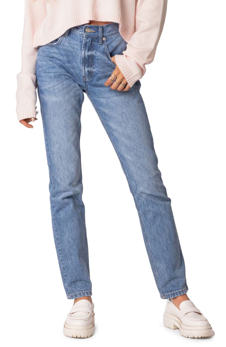EDIKTED Swift High Waist Straight Leg Jeans, Main, color, Blue-Washed