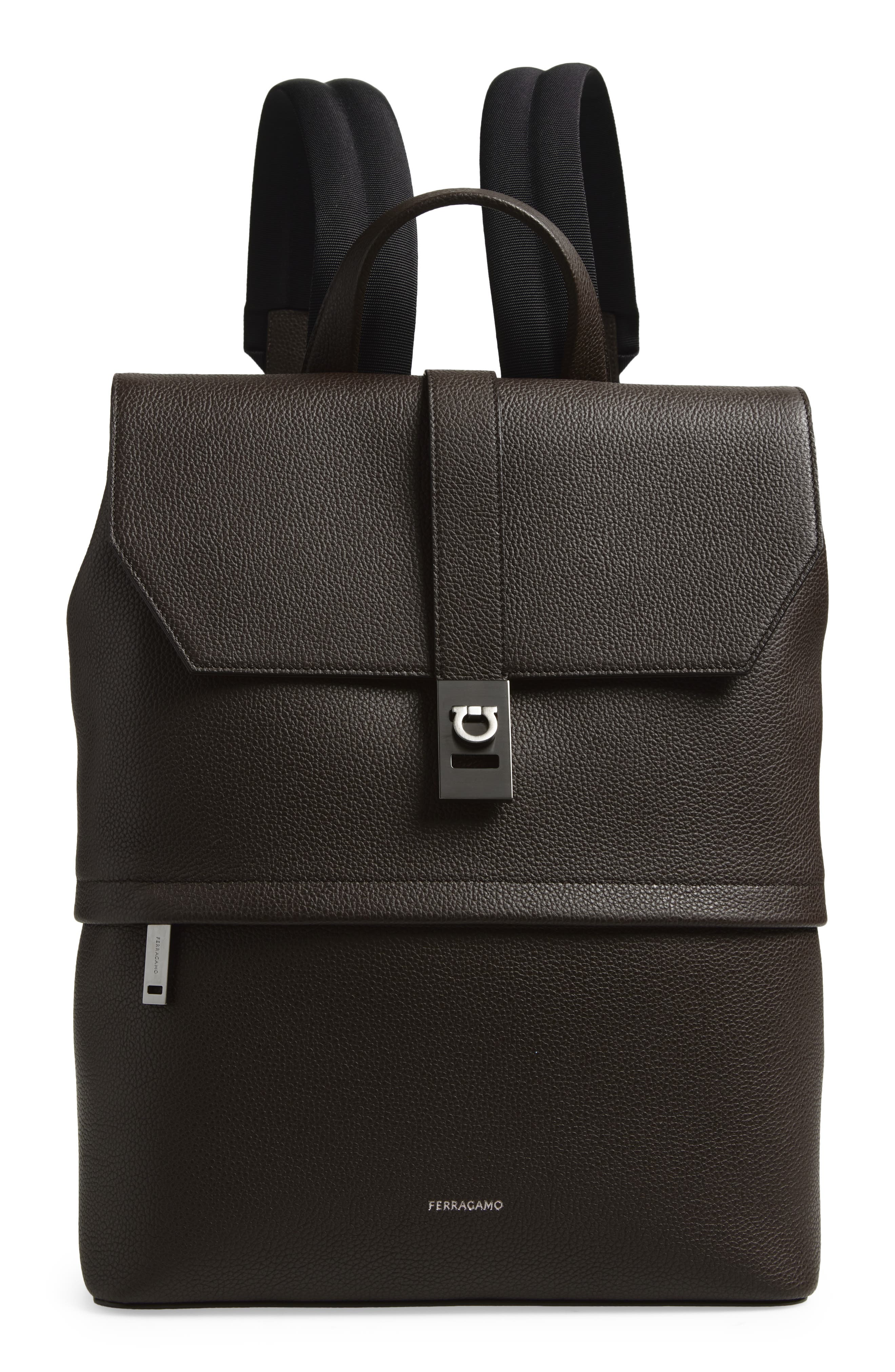 FERRAGAMO Twins Leather Backpack, Main, color, Testa Di Moro Nero
