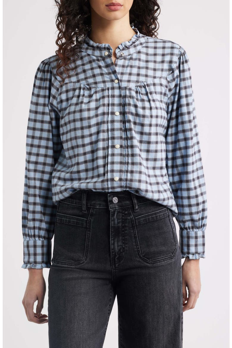 Alanna Ruffle Check Organic Cotton Snap-Up Shirt, Main, color, SKY CHECK