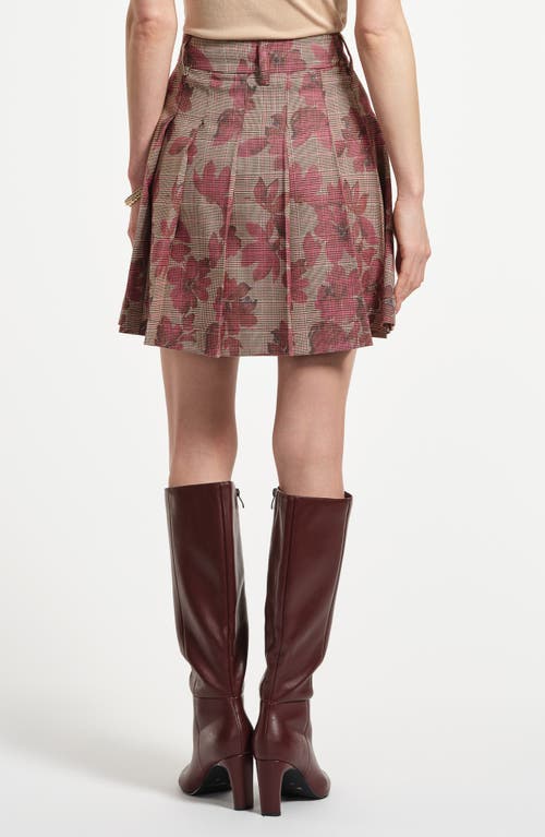 Isaac Mizrahi New York Pleated Floral Plaid Miniskirt In Burgundy