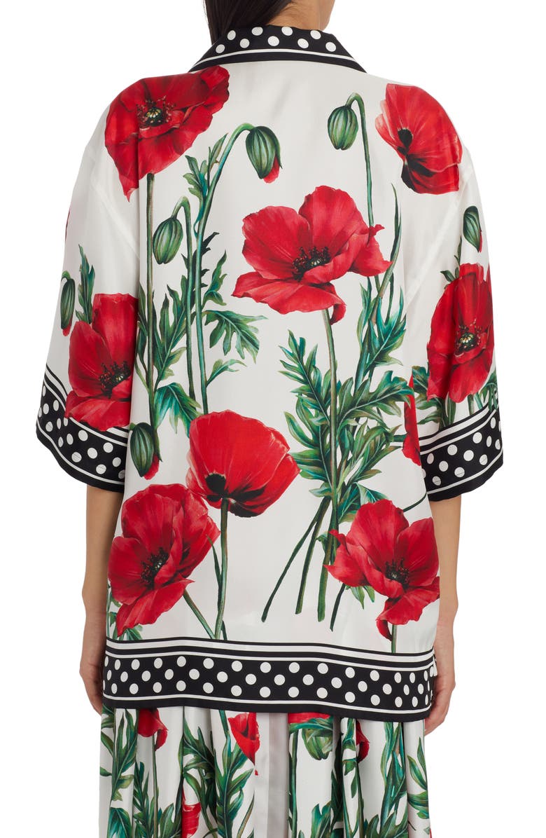 Dolce&Gabbana Poppy Print Silk Twill Button-Up Shirt, Alternate, color, Natural White
