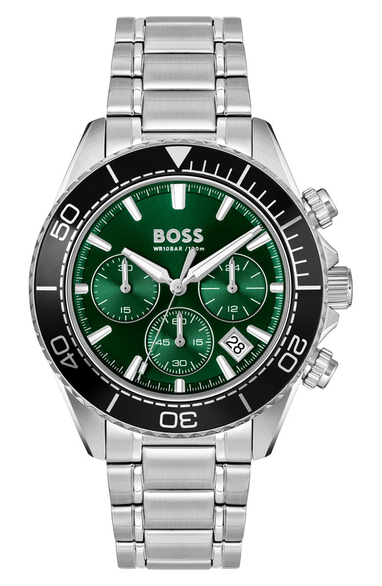 BOSS Sealiner Green Chronograph Bracelet Watch, 44mm, Main, color, 