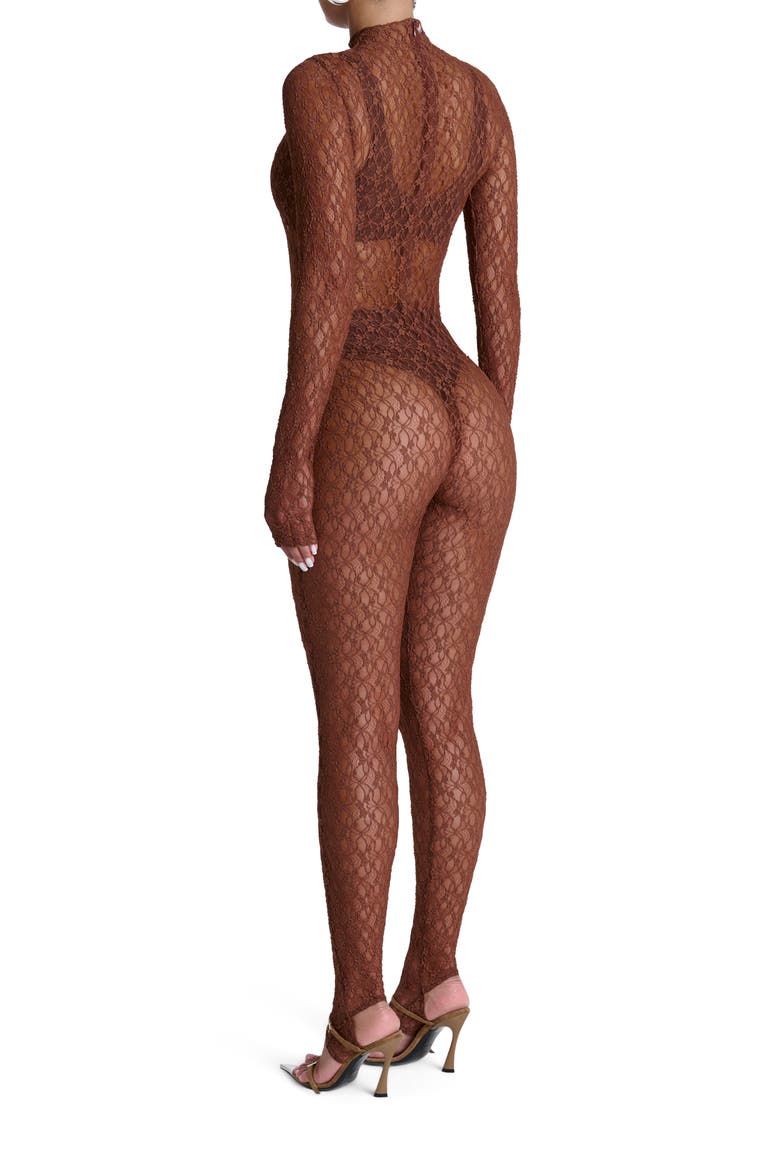 Sheer Lace Long Sleeve Stirrup Jumpsuit, Alternate, color, BROWN SUGAR