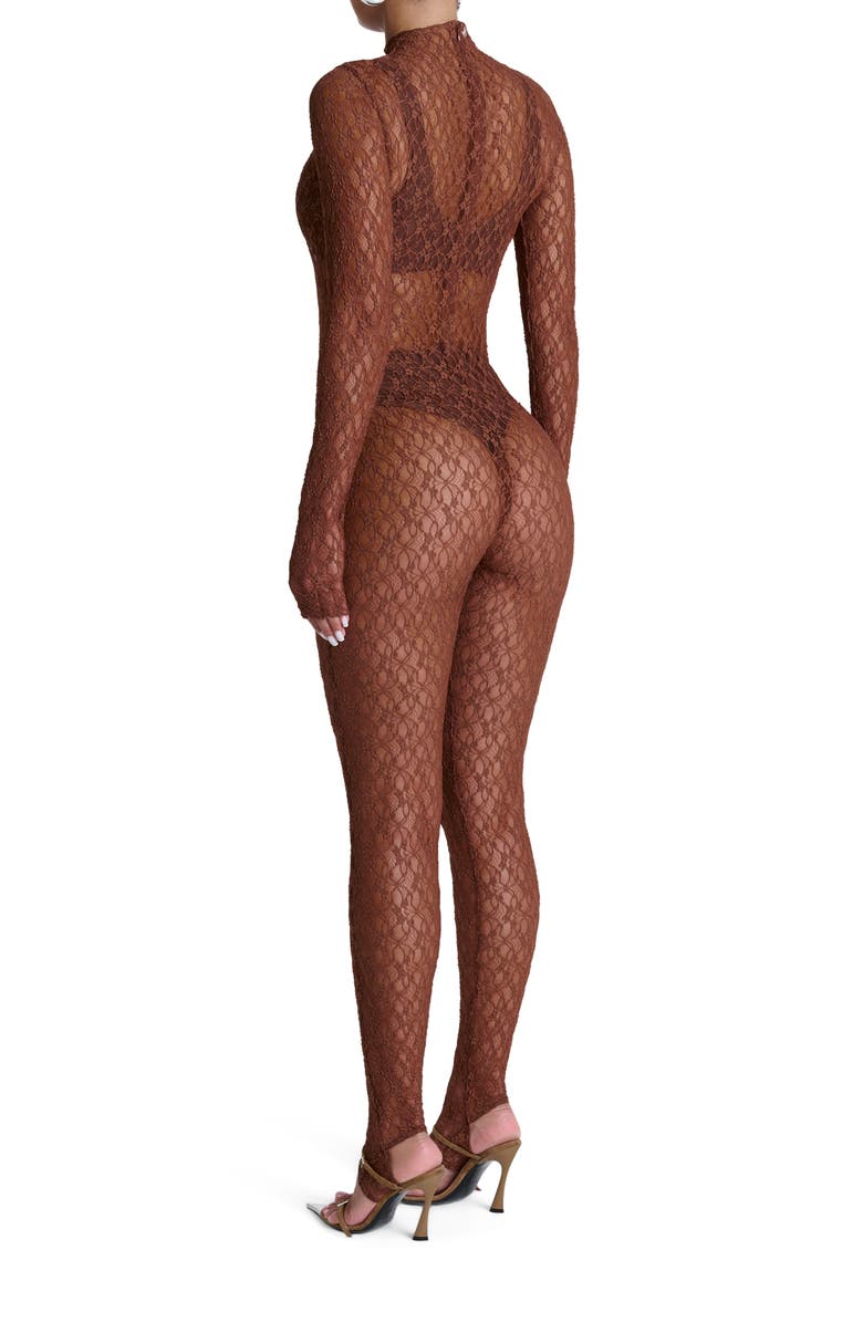 Naked Wardrobe Sheer Lace Long Sleeve Stirrup Jumpsuit, Alternate, color, Brown Sugar