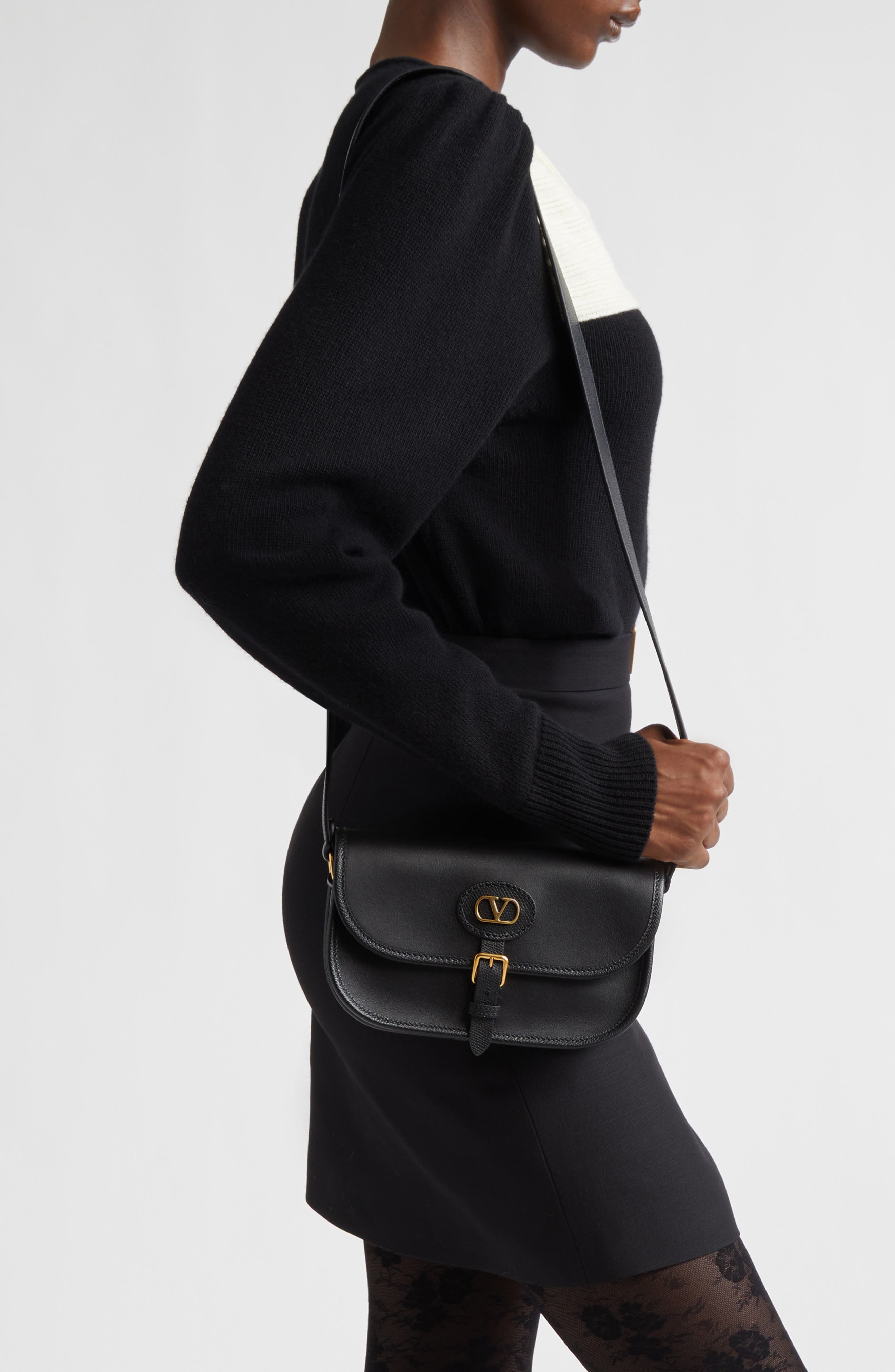 Valentino Small Antibes Leather Crossbody Bag, Alternate, color, Black