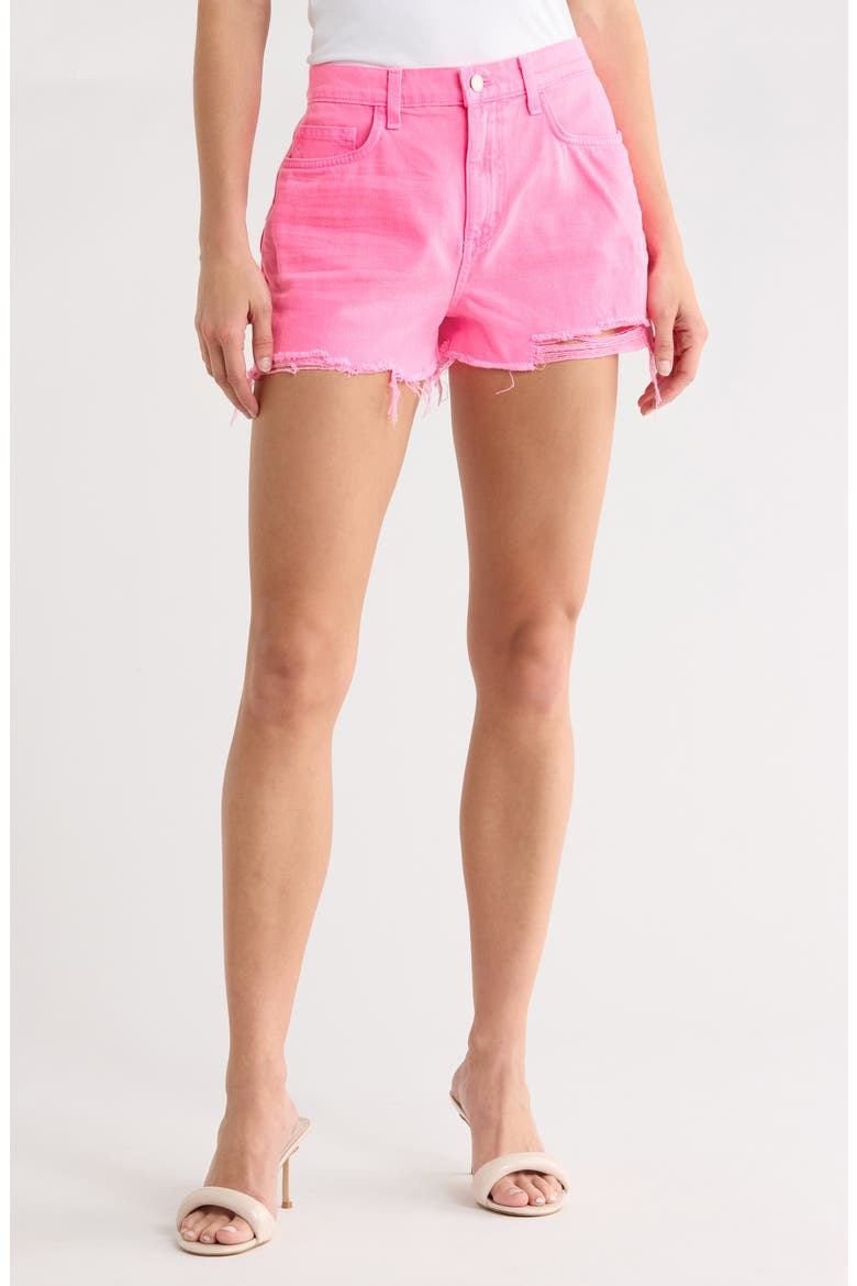 Clark High Waist Fray Hem Denim Shorts, Main, color, SHOCKING PNK DIST DEST