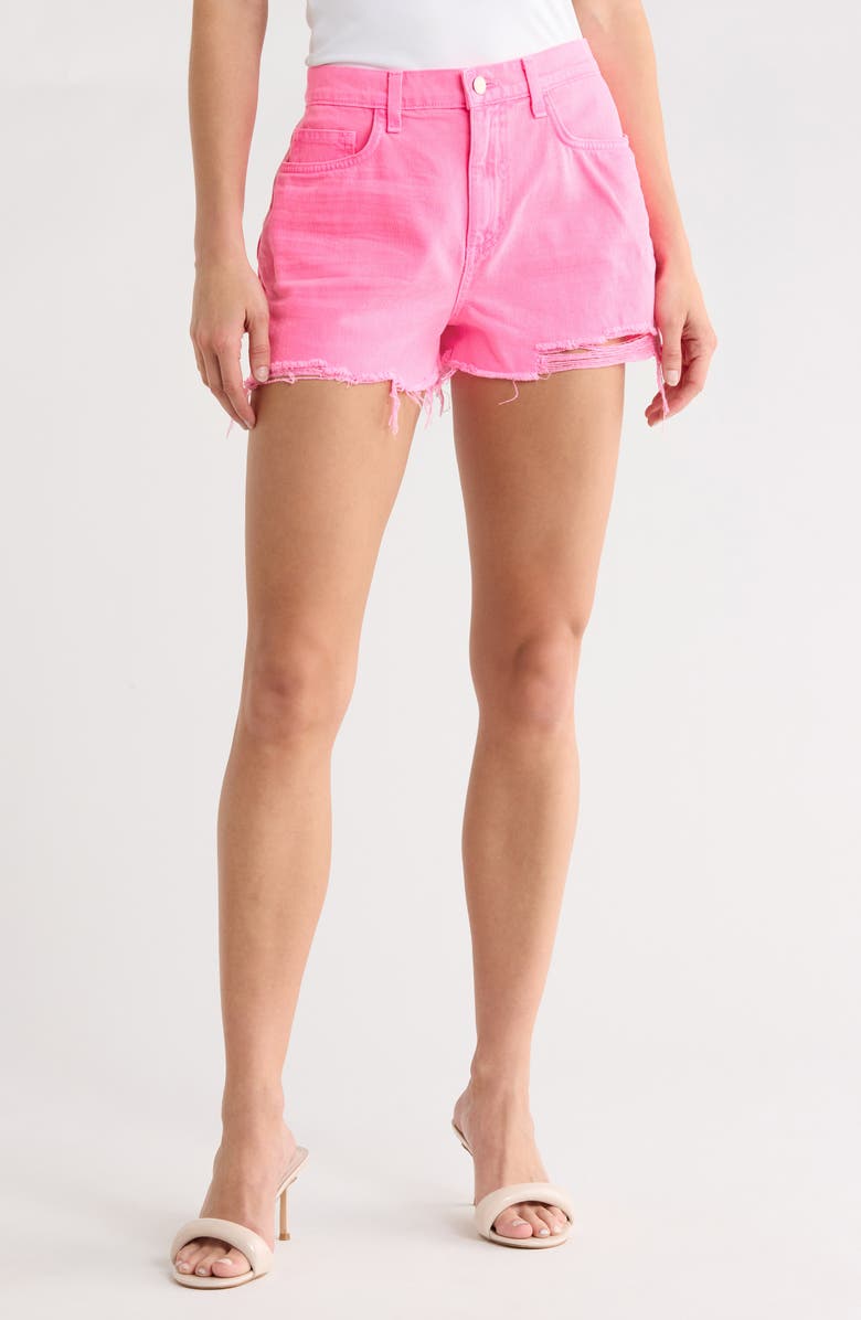 L'AGENCE Clark High Waist Fray Hem Denim Shorts, Main, color, Shocking Pnk Dist Dest