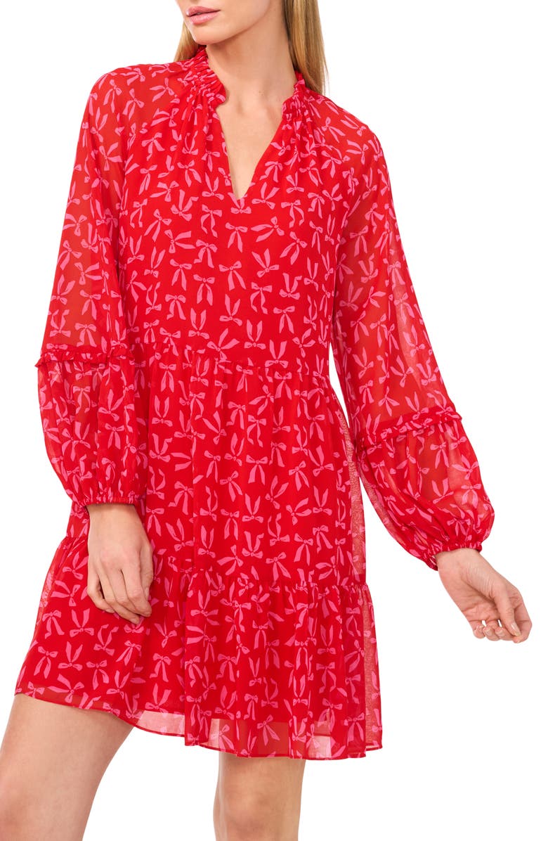 CeCe Bow Print Long Sleeve Babydoll Dress, Alternate, color,